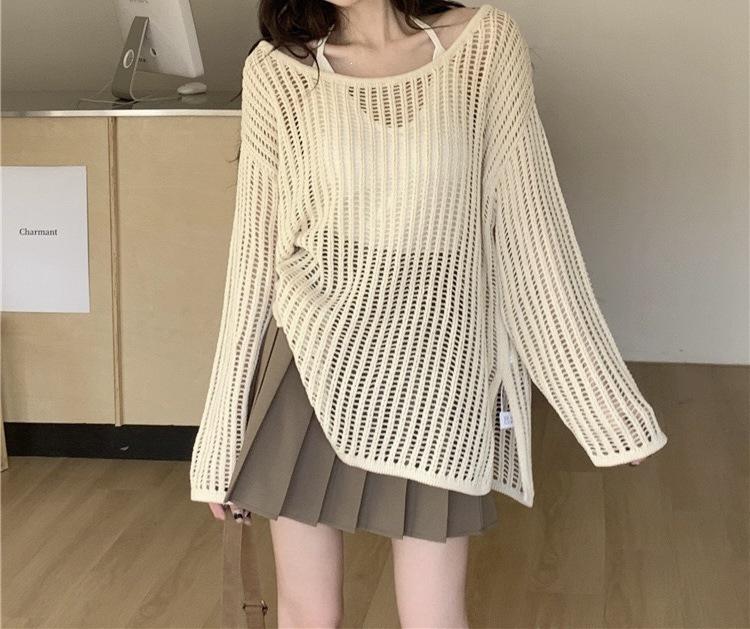 Women s Summer Hollow Mesh Knit Top - Loose Fit, Long Sleeve, Sun Protection One Size бежевый