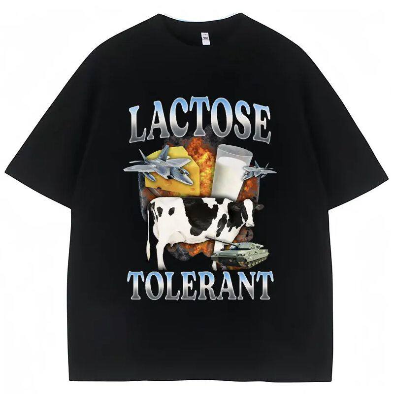 Lactose Tolerant Funny Milk Print T Shirt Unisex Women Retro Fashion Short Sleeve Summer Casual Humor TShirts Gifts Playful Design
