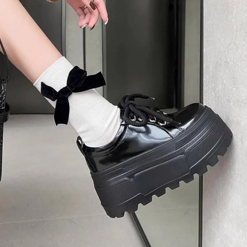 Fashion 8cm Super High Heels Microfiber Leather Autumn Casual Shoes Flat Platform Loafers Dating School Lace Up Women Pumps cosplay