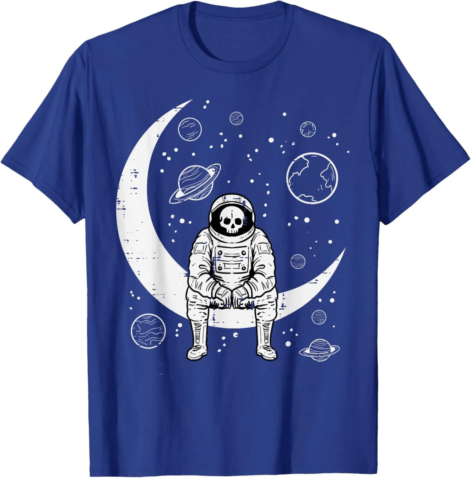 Skeleton Astronaut Sitting On Moon Space Galaxy Graphic Tee Unisex Short Sleeve TShirt S