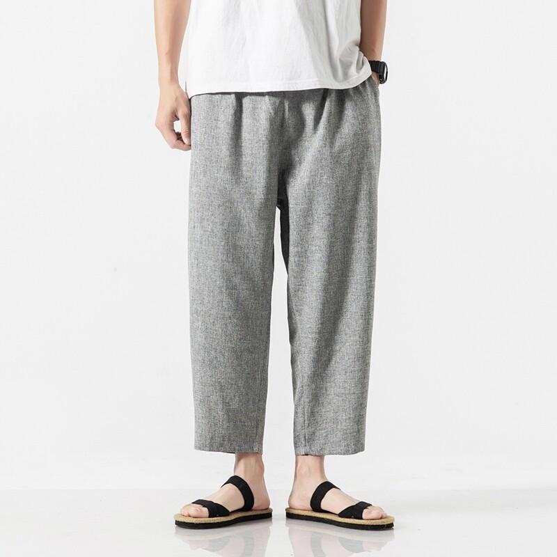 Herren Baumwolle Leinen Cropped Hosen Sommer Einfarbig Lässig Elastischer Bund Leicht Gerade Beine Hosen Locker Übergröße Herren Bekleidung