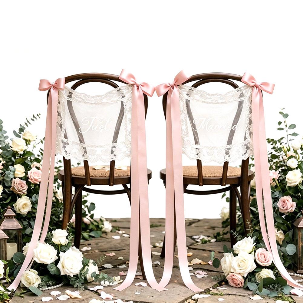

2PCS Lace Just Married Chair Sign for Bride & Groom Wedding Sheer Lace Signs Wedding Bridal Shower Decor Wedding Chair Banners рожевий