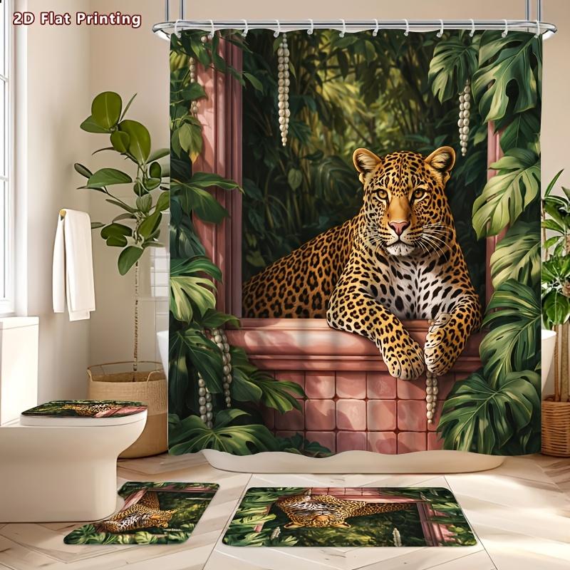 4Pcs Shower Curtain Set with Non-Slip Bath Mat, Toilet Lid Cover, Contour Rug & 12 Hooks, Bathroom Decor