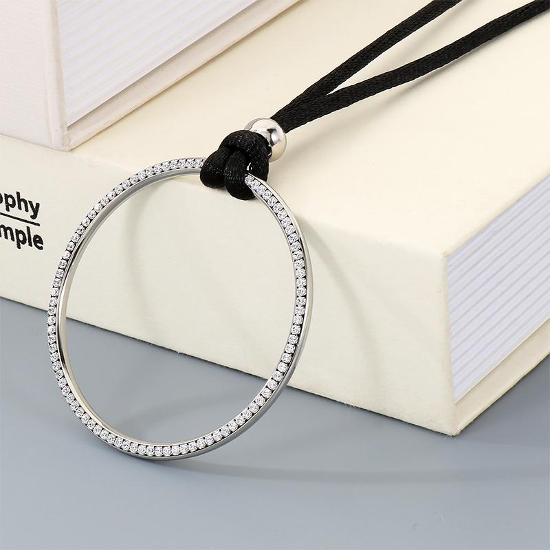 Kalen Stainless Steel Zircon Circle Pendant Necklace for Men Women Rock Black Cord Accessory Gifts Minimalist Hip Hop Jewelry