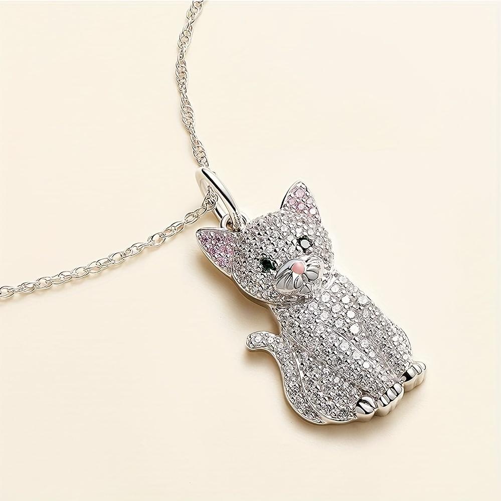 1pc Exquisite Cute And Fashionable Silvery Cat Pendant Necklace, Inlaid With Imitation Zircon Necklace For Girls, Holiday Birthday Party Gifts