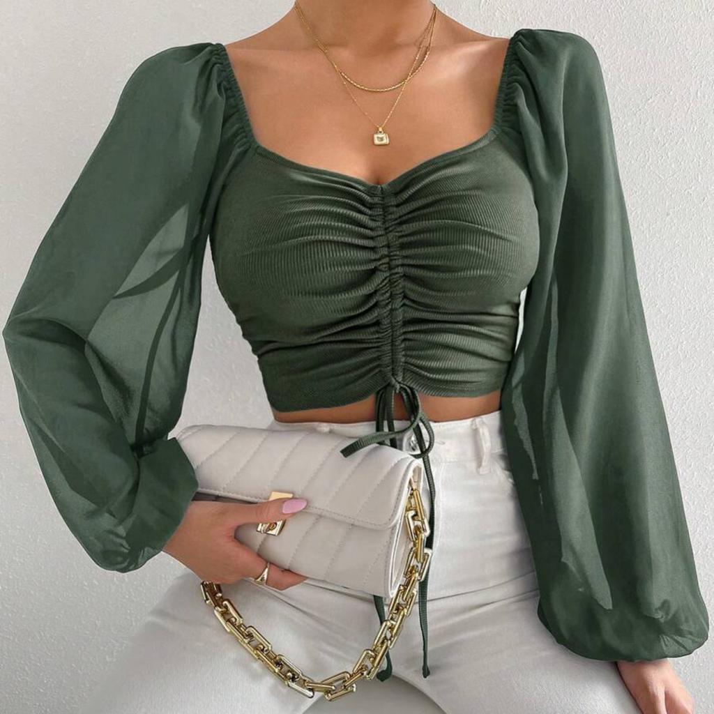 Women's Sweetheart Neck Drawstring Puff Sleeve Cropped Top, French Style Casual Blouse for Women, European American Fashion