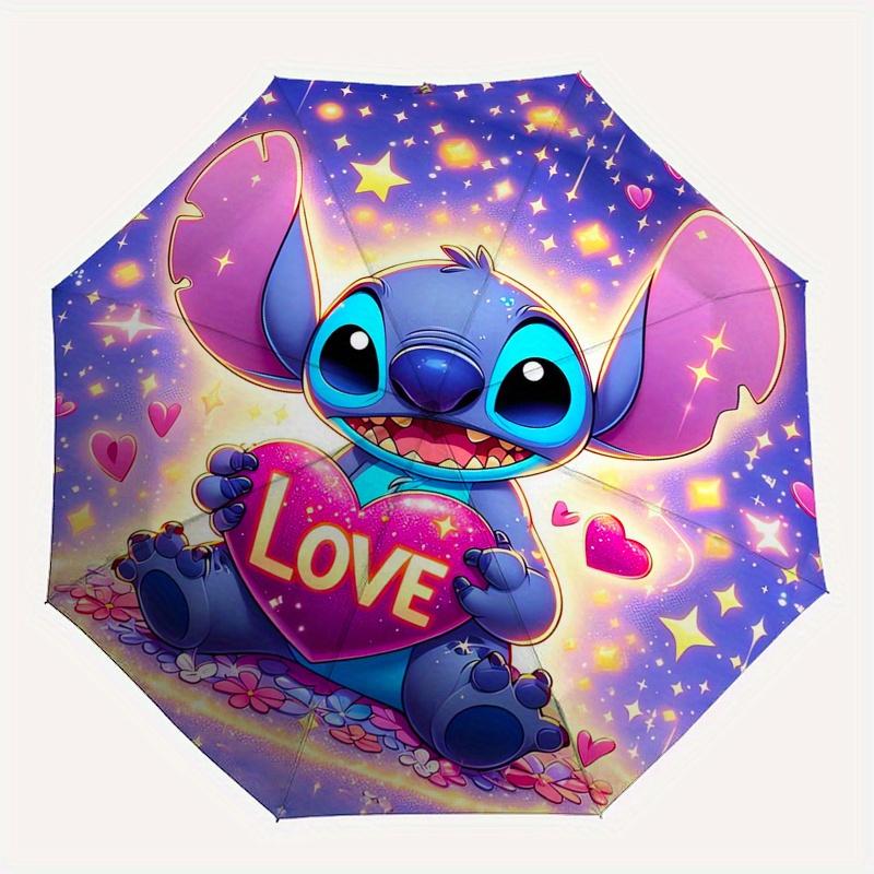 Stitch,Love Heart Fully automatic themed umbrella   8 ribs durable iron frame, tri fold compact design, perfect as a gift, travel umbrella,