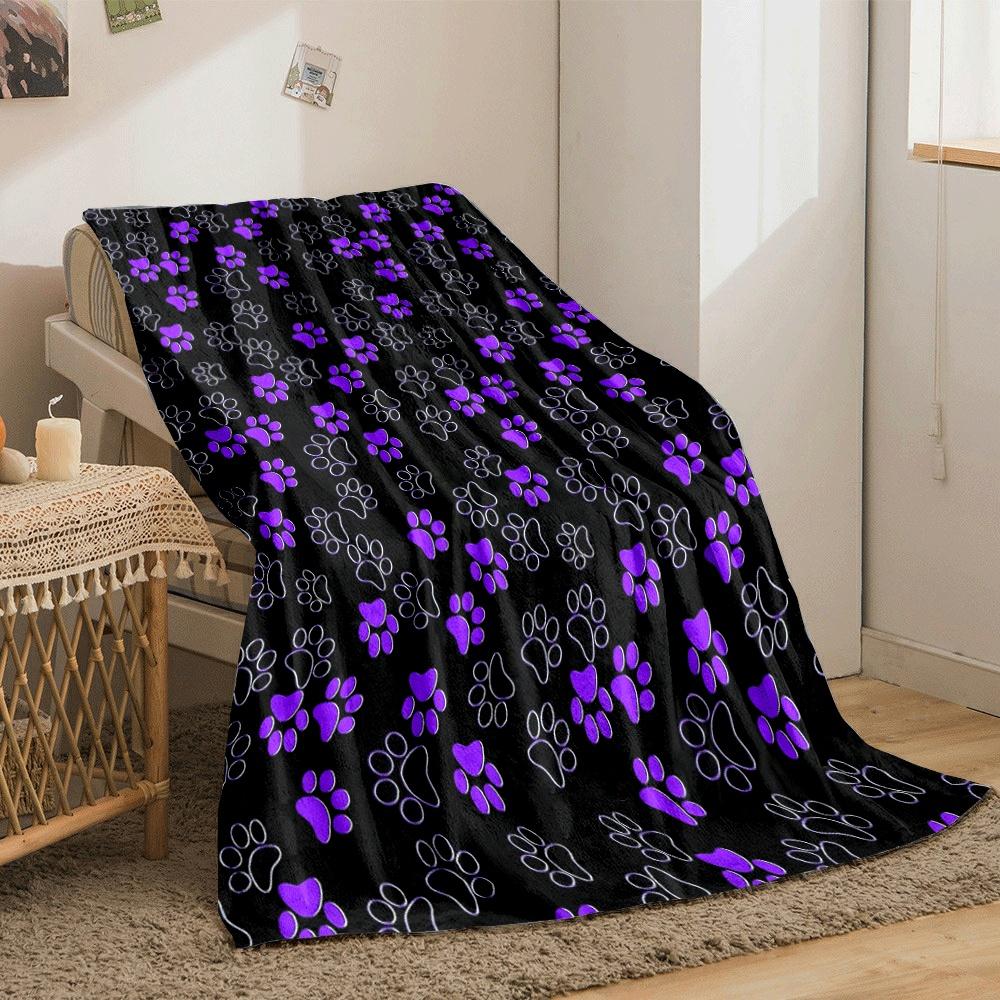 Purple and Outlined Paw Prints Scattered On a Black Background. for All Seasons Blanket Lunch Break Throw Gift