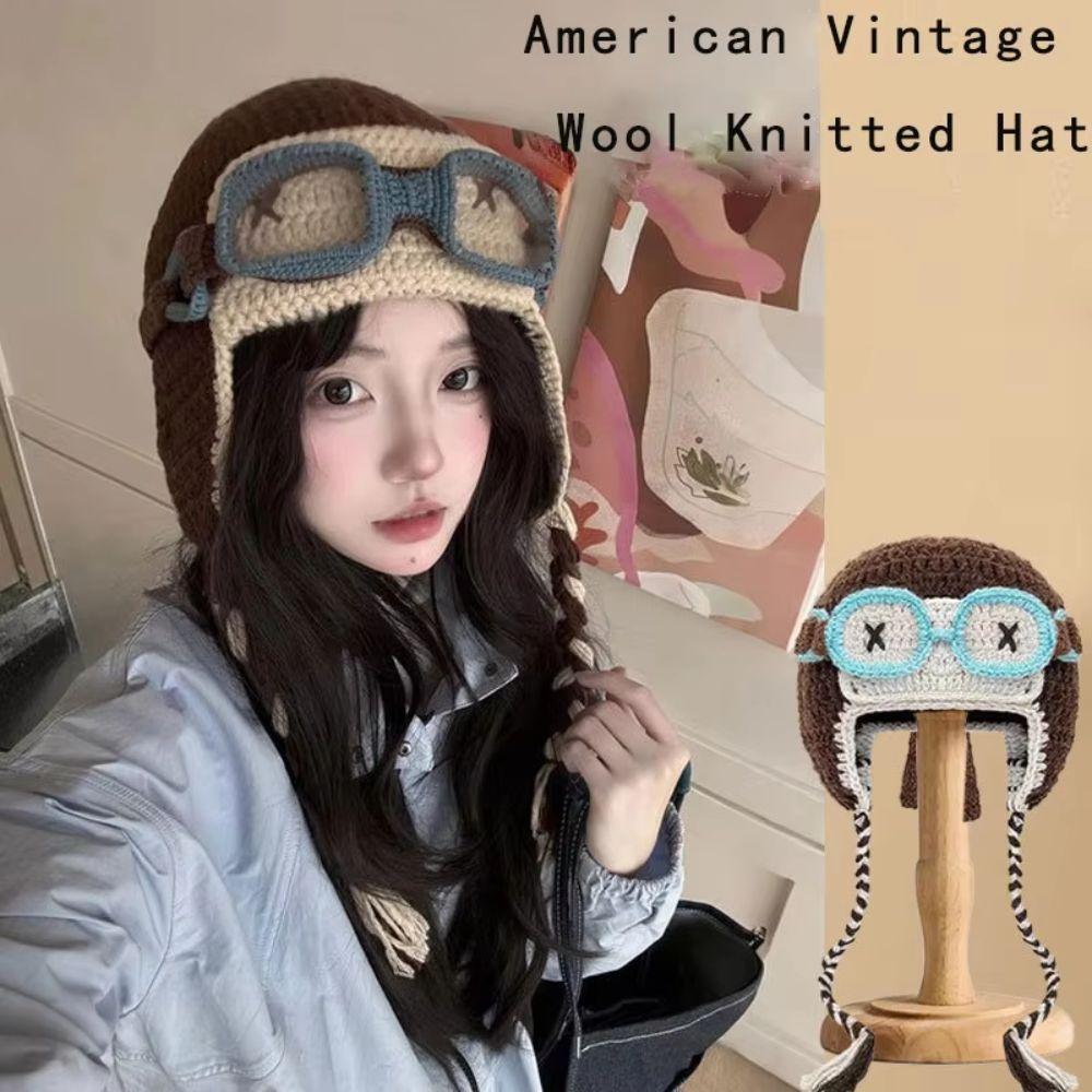 Windproof Knitted Beanie Crocheted Earflap Cap Casual Winter Pilot Hat With Goggles  Cycling