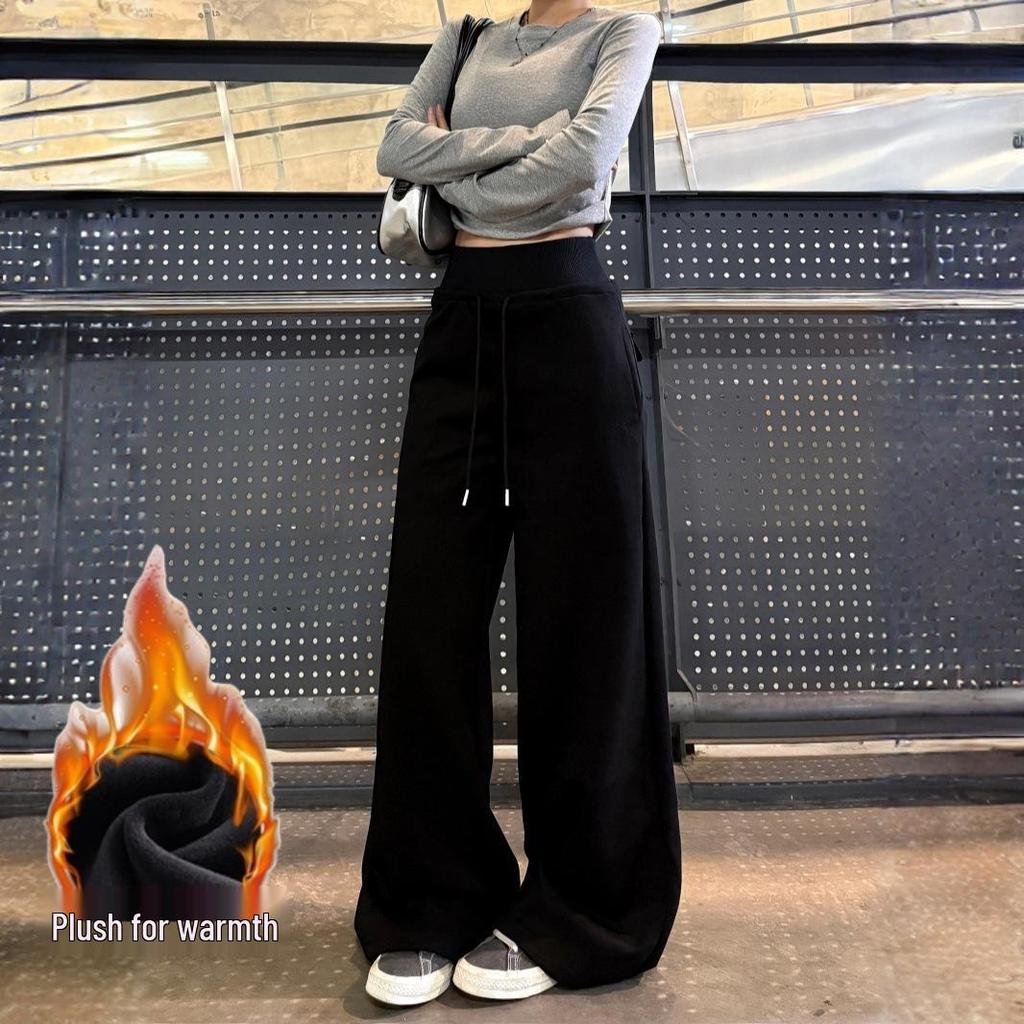Women's Black High-Waisted Wide-Leg Sweatpants - 2025 Autumn/Winter Casual Slimming Loose Fit