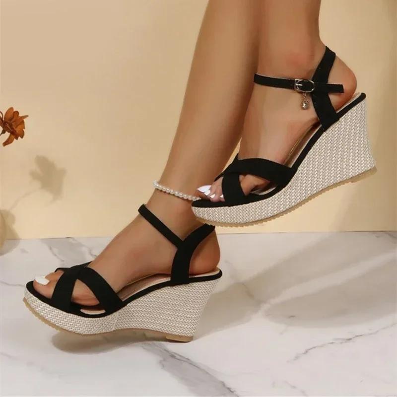 2025 New Casual Simple Versatile Wedge Thick-soled Round Toe Strap Sandals Fashion Roman Shoes for Women Heels Women