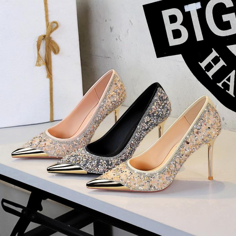 Fashion Stiletto Heels Metal Pointed Toe Shallow Cut Slip On Crystal Rhinestone Women Shoes