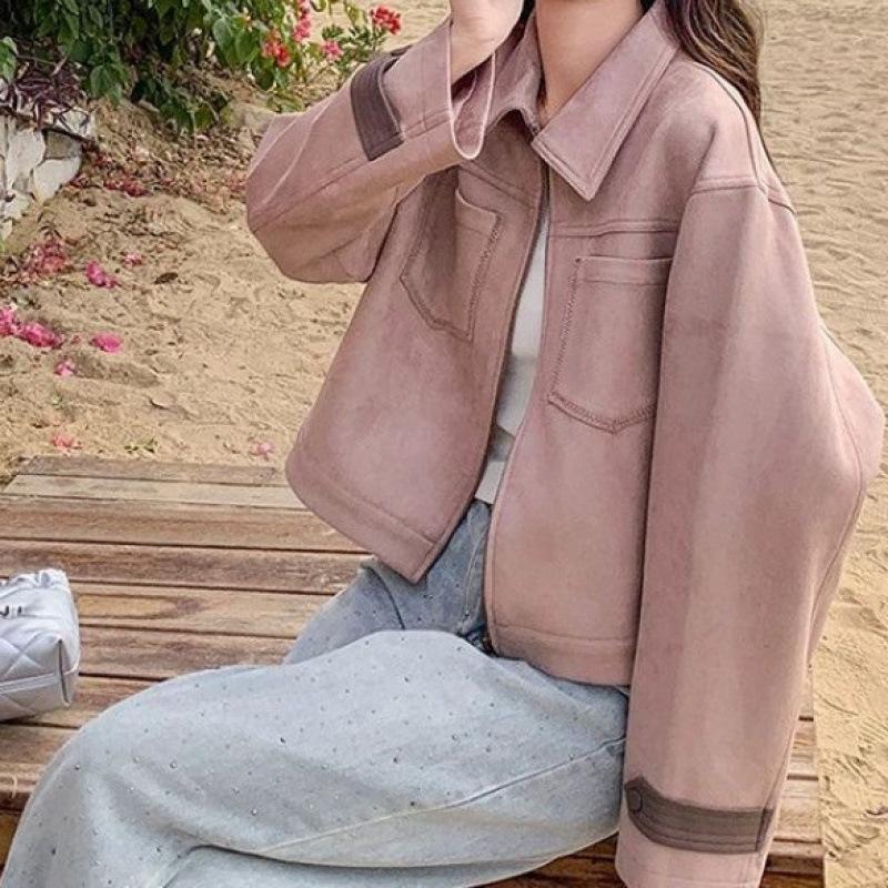 Damen Rosa Wildlederjacke - Frühling/Herbst 2025 Lockerer Lässiger Vielseitiger Stil