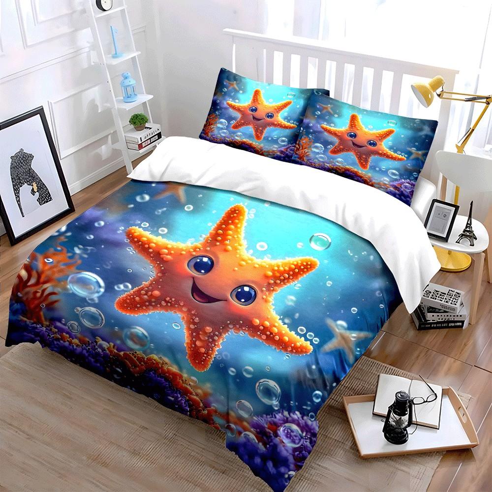 Underwater Starfish-Themed Decor Set Exquisite Three-piece Bedding Set Gift for Kids and Adults