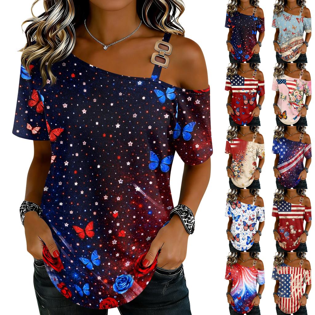 Damenmode Casual Print Sexy schulterfreies Kurzarm-T-Shirt-Oberteil