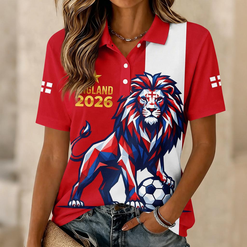 Women's Casual Button Front Short Sleeve Polo Shirt Football Fan Support Printed Collar Top for Everyday Wear