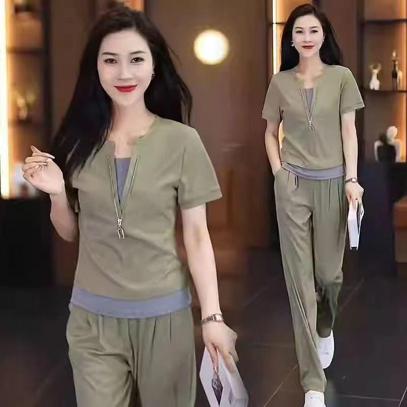 Women's Summer 2025 Fashion: Casual Short Sleeve Two-Piece Set with Wide Leg Pants