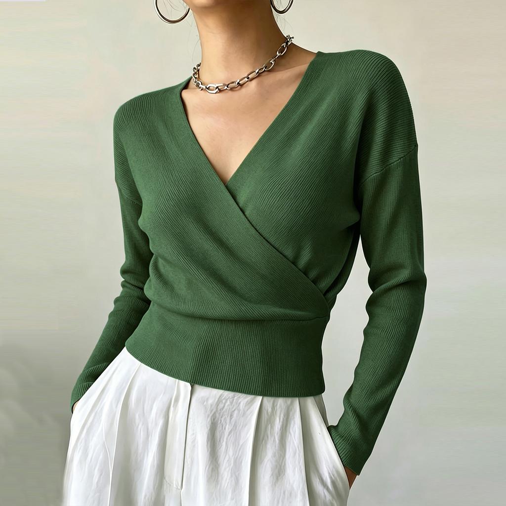 Women's Color Long Sleeve Cross Front Waist Tie Knit Top