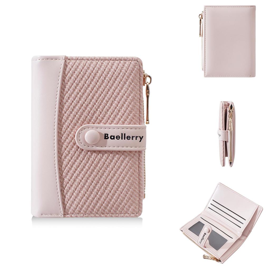 Korean Style Women's Short Wallet with Color Block, Multiple Card Slots, Money Clip, Zipper Coin Purse