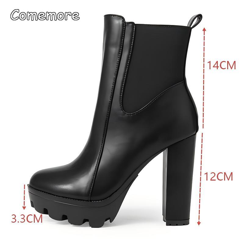 

High Heels Ankle Boots Black Fashion Women Thick Platform Spring Autumn Side Zipper Ladies Street Style Punk Shoes Botas Mujer 35 чёрный