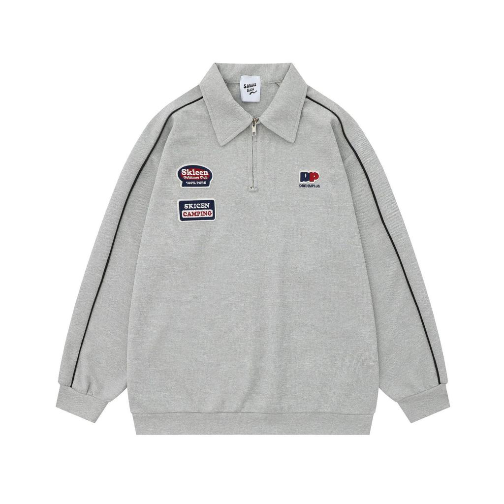 Wild Man Trendy American Letter Embroidery Waffle Knit Sweatshirt, Spring/Autumn Academy Style Half-Zip Polo
