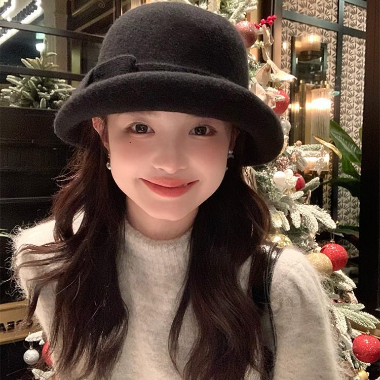Curly Wool Bow Top Hat for Women Winter French Dome Gold Hat Showing Face Small Fisherman Hat Basin Hat