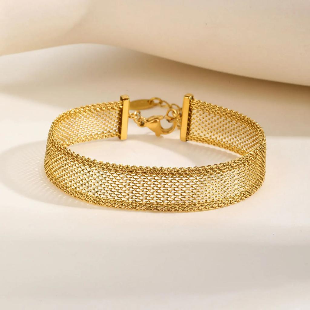 Vintage Mesh Link Stainless Steel Bracelet for Women,Gold Color Thick Chain Wrist Bracelet, Fashion Luxury Waterproof Zircon