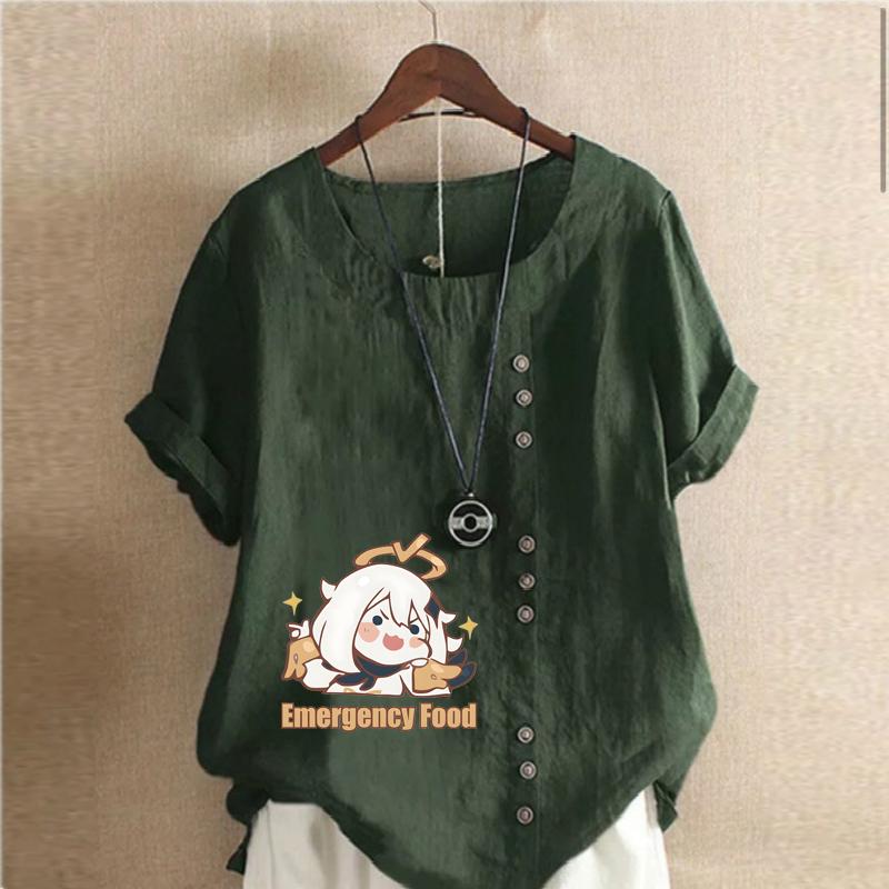 Damenmode Rundhals Kurzarm T-Shirt Lässiges Baumwollleinen Grafikhemd Freizeit Lose Cartoon Mädchen Gedruckt Sommer Bluse Tops Übergröße