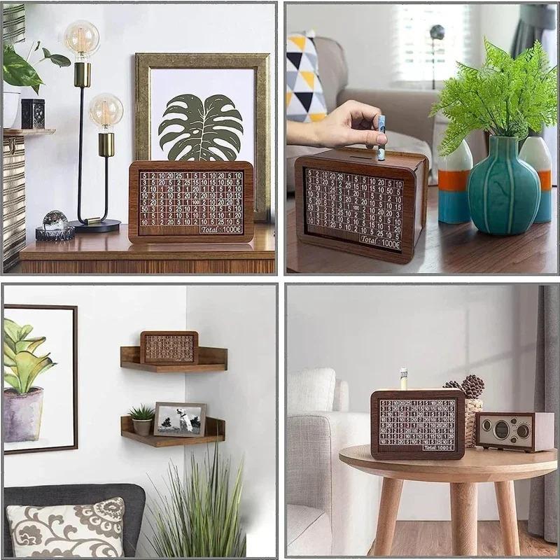 Creative Money Sacing Box Wooden Penny Bank with Marking Pen 1000-10000 Euros Christmas Gift for Kids Home Crafts Decoration