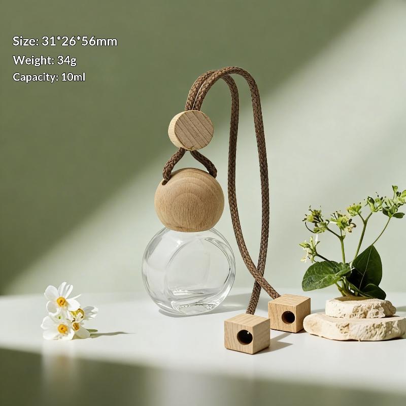 1Pcs Perfume Glass Bottle Empty Car Air Freshener Pendant With Wooden Caps Refillable Car Essential Oil Diffuser Bottle