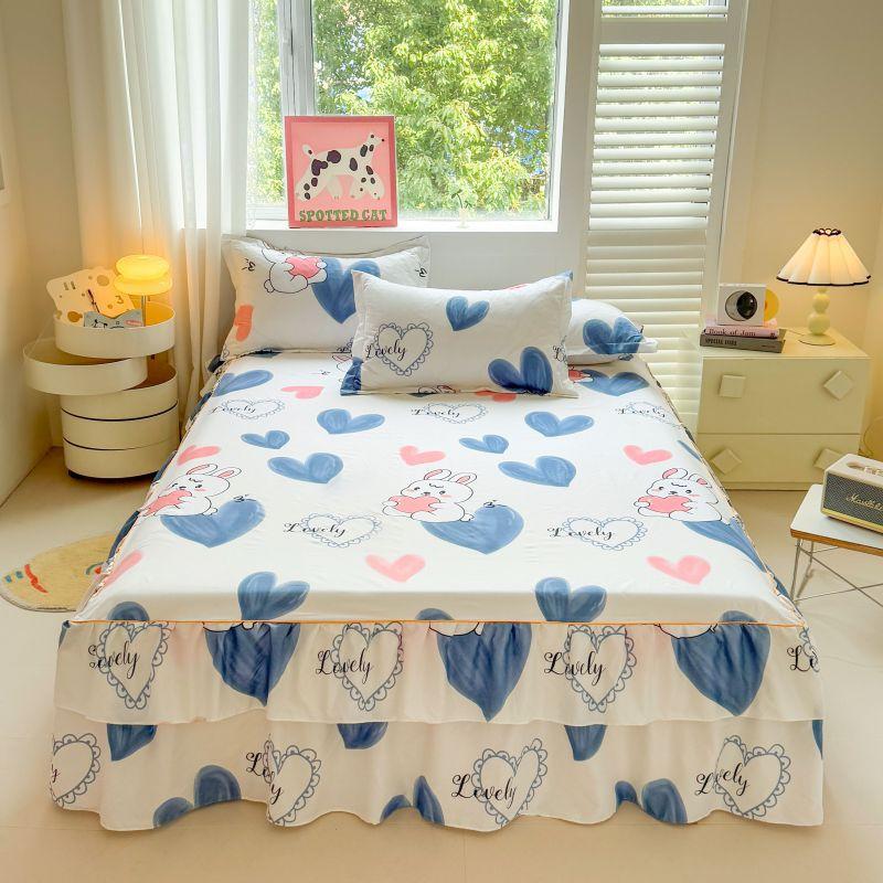 3pcs Modern Korean Floral Bed Skirt Set with Lotus Leaf Embellishments and Princess Floral Pattern, All-Season Brushed Light Beige-Friendly Bedding