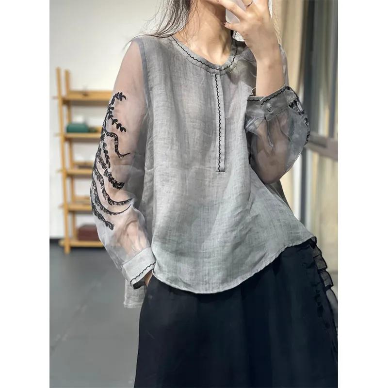 Women Gray Linen Sheer Embroidered Long Sleeve Blouse M