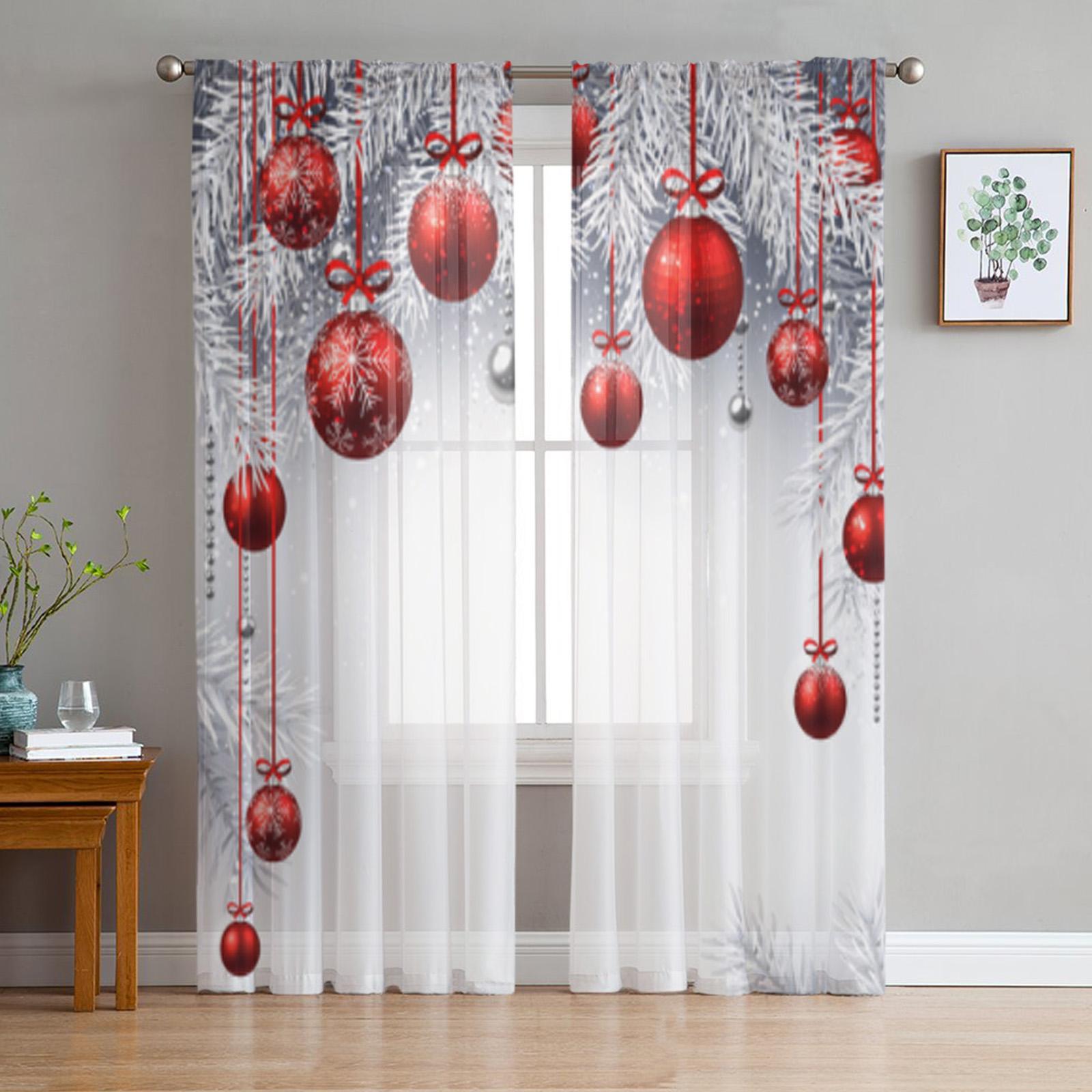 

Рождественские шары и еловые ветки Тюль Оконная занавеска для гостиной Спальня Вуаль Прозрачные шторы Кухня Декорации Шторы 135W x 114H(cm)