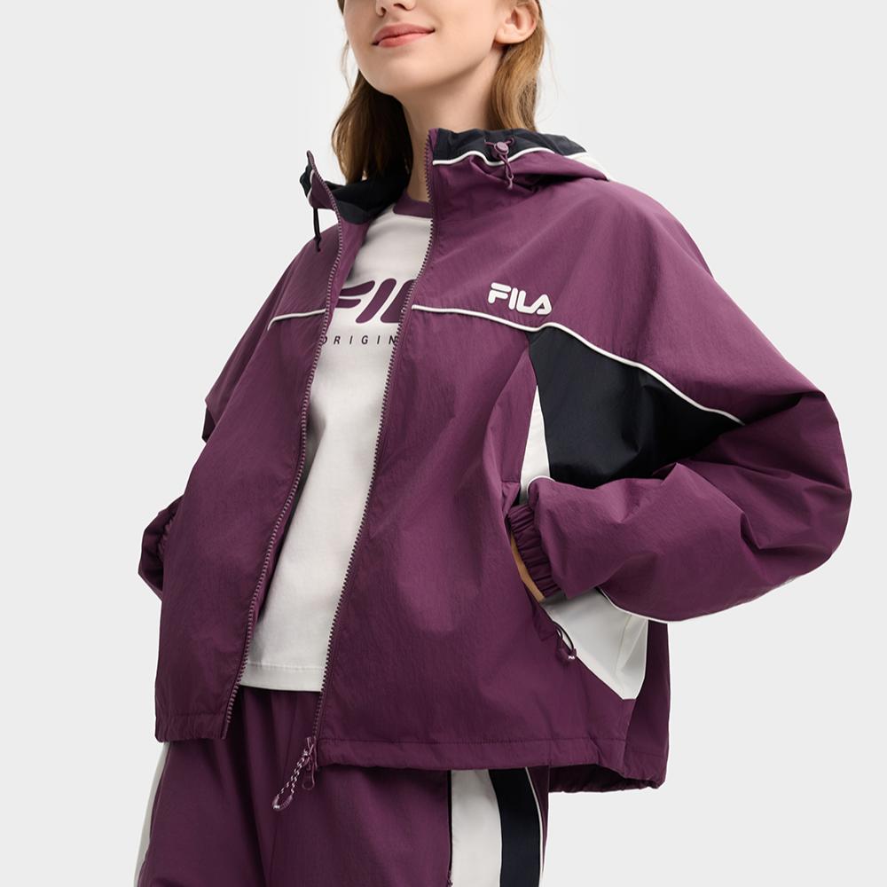FILA Fashionable Sports Versatile Casual Loose Color-Block Hooded Woven Jacket Women jackets Italian-Purple F11W519704FPU