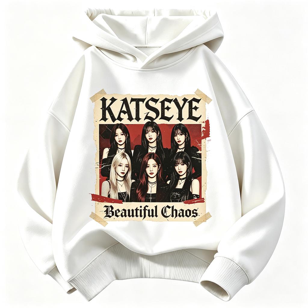 KATSEYE Beautiful Chaos Vintage Poster Kids Hoodie, Retro Group Photo Graphic Pullover Sweatshirt Unisex Boys Girls Kpop Fan Streetwear Tops