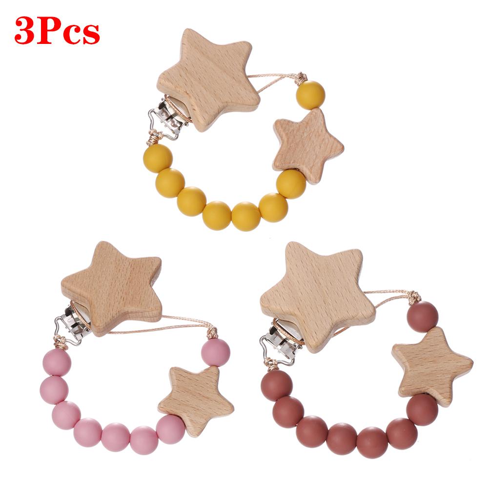 3Pcs Beech Wooden Star Pacifier Baby Pacifier Clip Nipple Holder Dummy Holder Pacifier Clip for Baby Nursing Toys Accessory