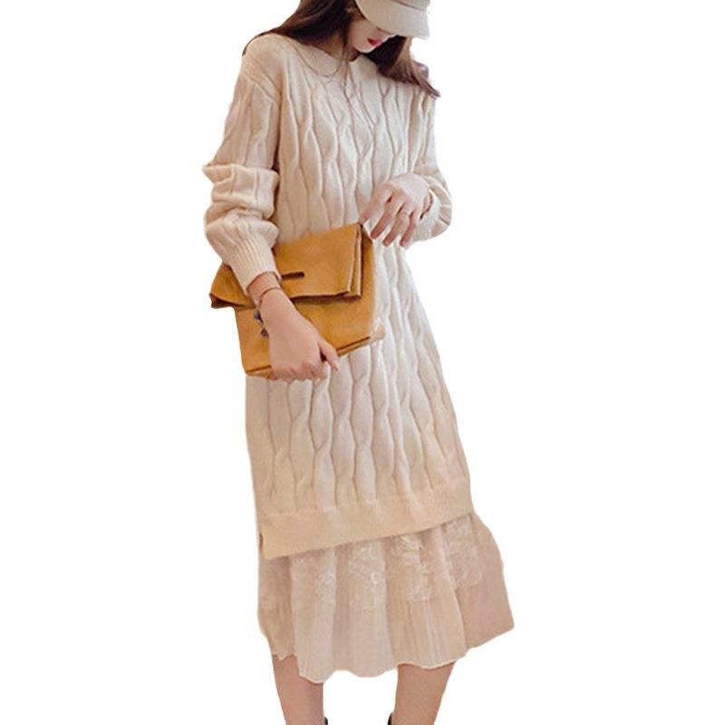 Gentle wind splicing fake two-piece sweater skirt women's autumn and winter twist loose base medium and long a-word dress