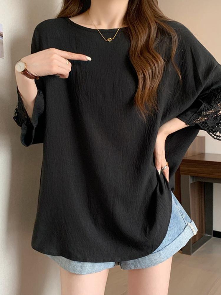 Plus Size O-Neck Spliced Lace Ruffles T-Shirts Female Clothing Summer Loose Solid Color Casual Short Sleeve Tops Sweet Tee