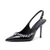 Summer New Patent Leather High Heels Thin Heel Pointed Rhinestone Temperament Single Shoes Black Bag Head Sandals Women