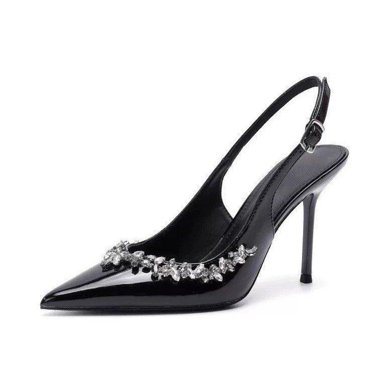 Summer New Patent Leather High Heels Thin Heel Pointed Rhinestone Temperament Single Shoes Black Bag Head Sandals Women