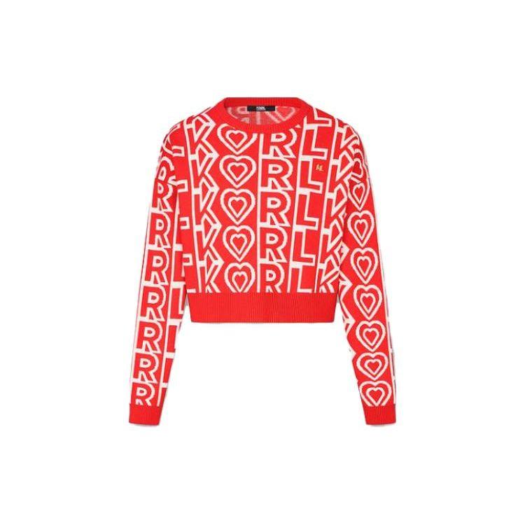 Karl Lagerfeld Casual Commuting Light Luxury Color Block Letter Pattern Jacquard Long Sleeve Knit Sweater Women sweater Red E37W2049500