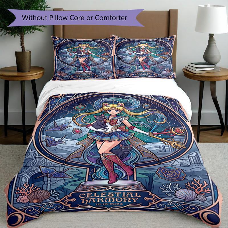 Zestaw 3 poszewek na kołdrę (1*Poszwa na kołdrę + 2*Poszewka na poduszkę, bez rdzenia), Pościel z nadrukiem Sailor Moon, Wystrój sypialni, Na każdą porę roku, Prezent urodzinowy