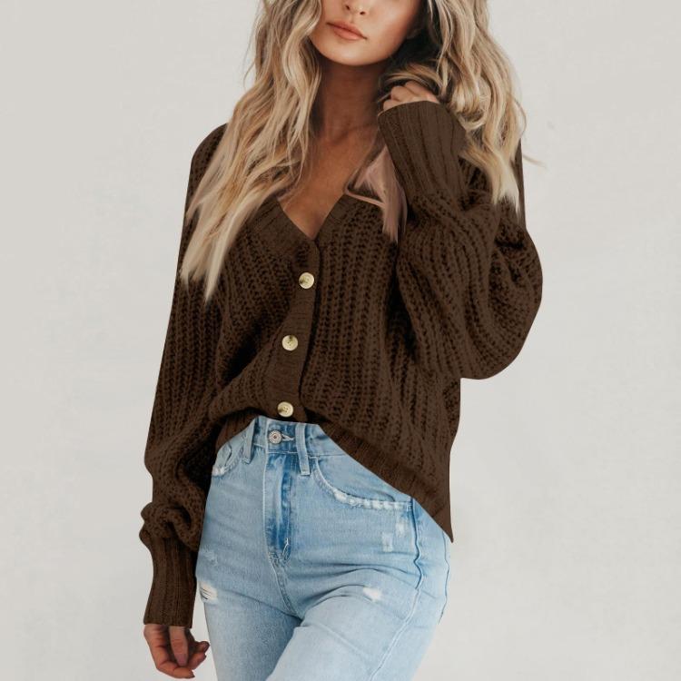 Loose V Neck Button Down Cardigan Women Solid Knitted Long Sleeve