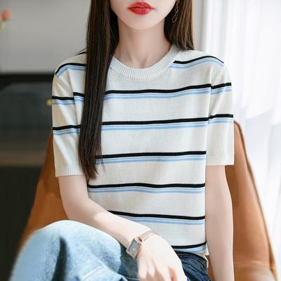 Modisches gestreiftes Kurzarm-T-Shirt für Damen aus reiner Baumwolle mit Rundhalsausschnitt für den Sommer im koreanischen Stil, zum Pendeln, als Unterhemd, locker, vielseitiges Oberteil