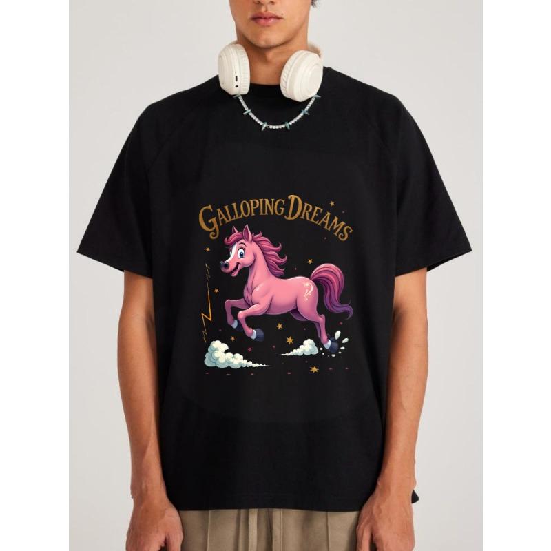 Cotton T-Shirt White Galloping Dreams Pink Horse with Stars and Clouds Graphic Print Casual Wear for Men and Women