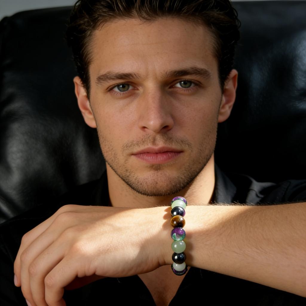 Crystal bracelet, natural tiger eye stone, red green gemstone, black stone bead bracelet, men's elastic bracelet