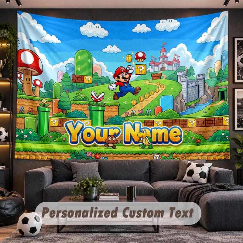 Wall Hanging Tapestry Custom NameSuper Mario Pattern Personalized Printed Fabric Wall Decor