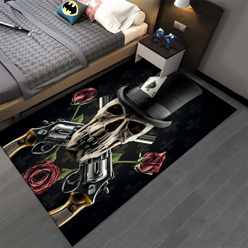 "Skull with Top Hat, Guns, Roses, and Ace of Spades Printed Carpet" Suitable for use as an anti-slip for living room bedroom sofas