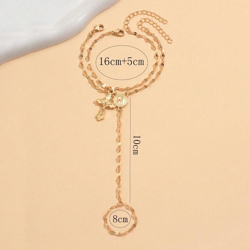 2Pcs/Set Cross Pendant Finger Bracelets For Women Vintage Gold Color Portrait Connecting Hand Harness Bangle Jewelry Accessories