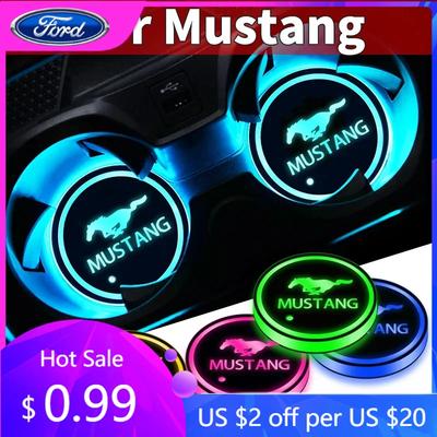 Car Sticker Car Colors Led Cup Holder Light Mats Car Coasters Light Cup Pads For Ford Mustang GT500 GT350 Cobra Shelby Focus Mk2